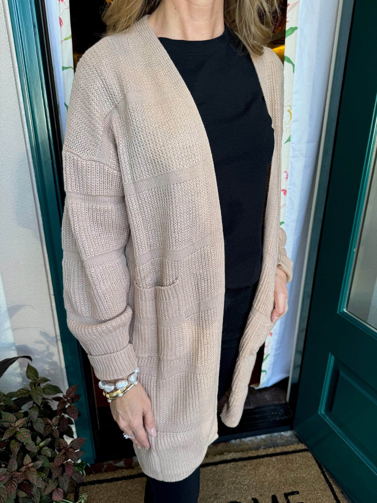 Textured Open Cardigan with Pockets