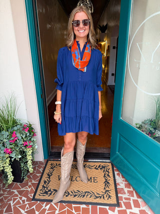 Navy Tiered Puff Sleeve Dress