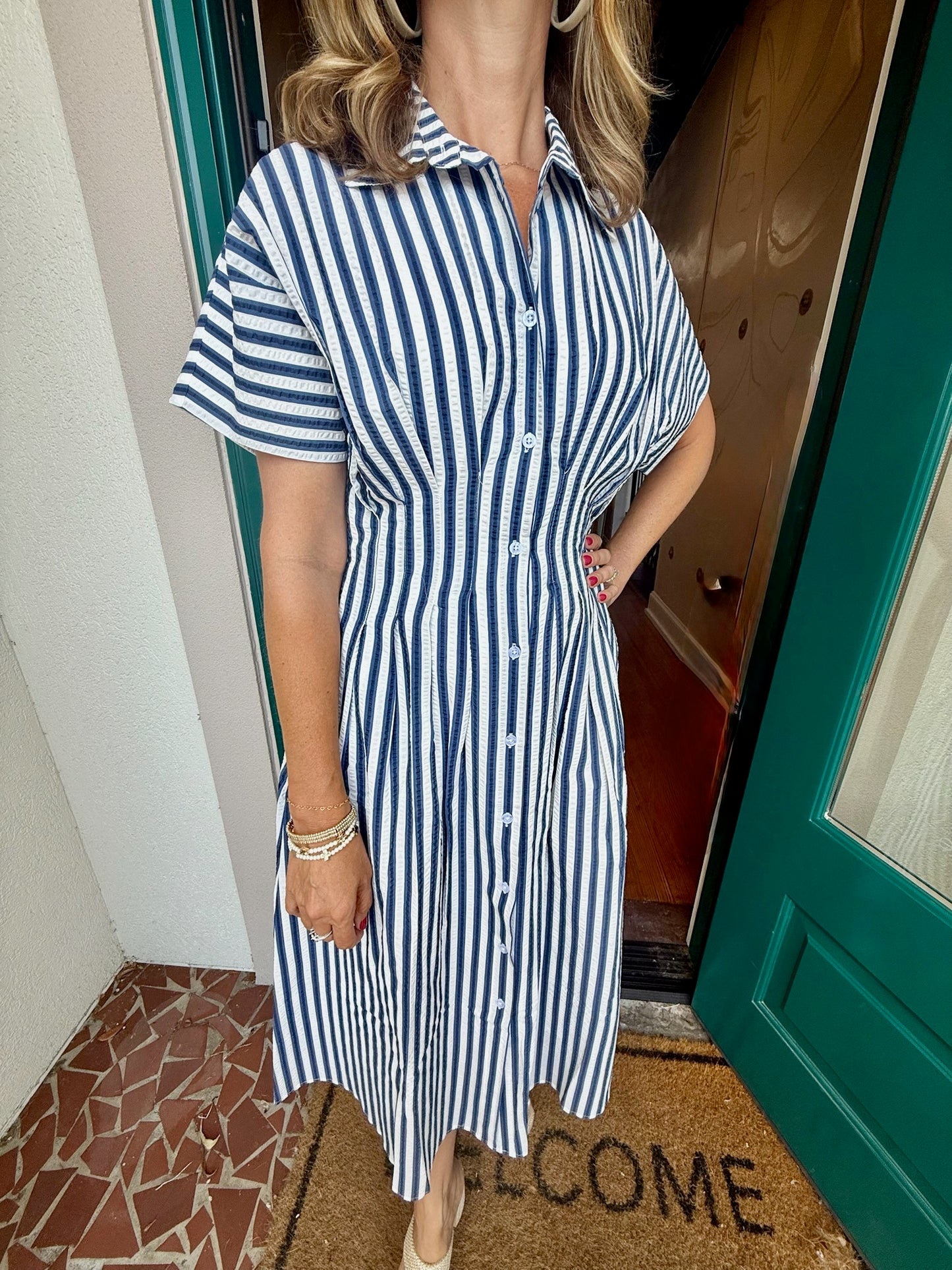 Navy Button Up Short Sleeve Striped Maxi Dress