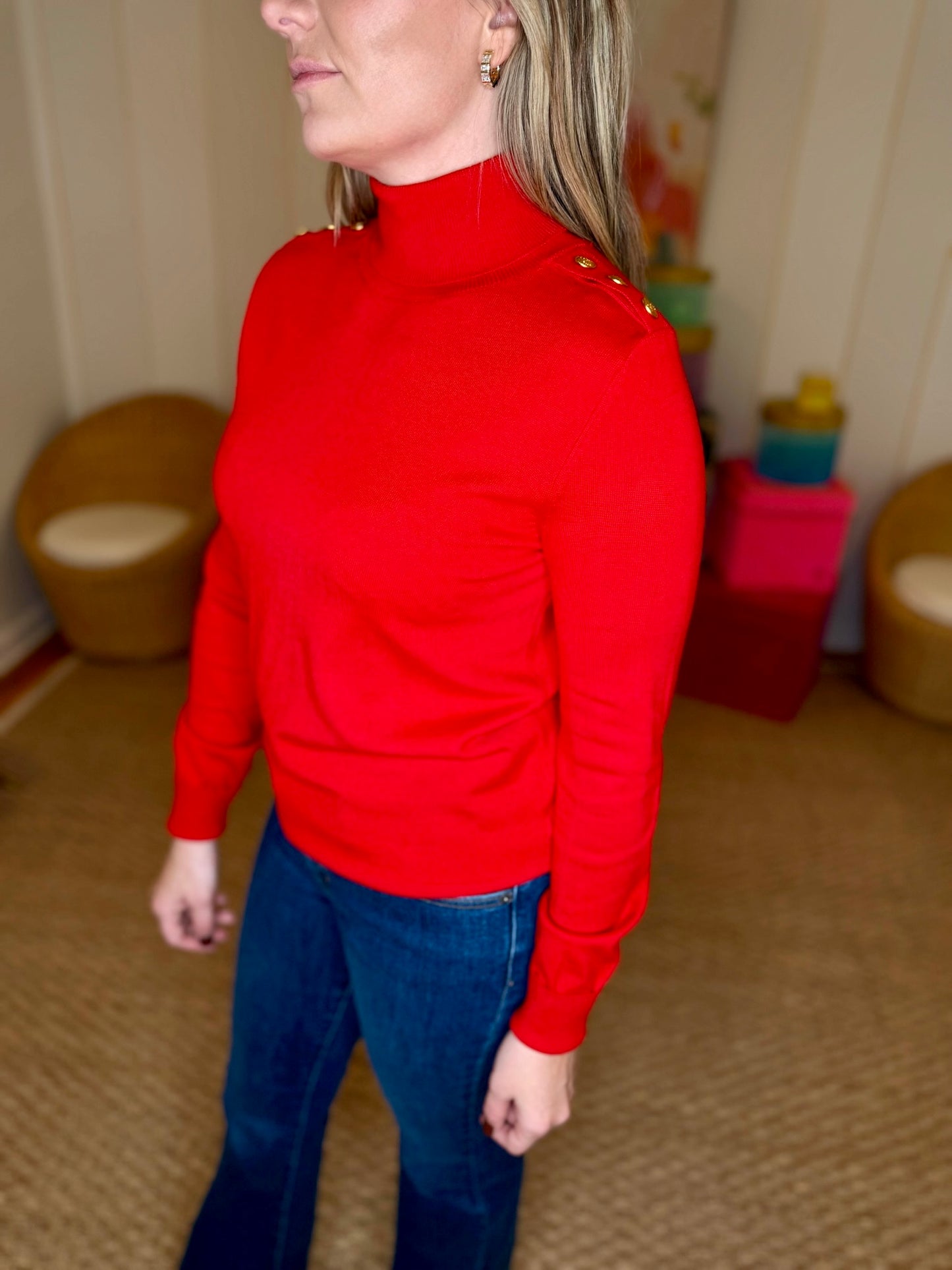 Red Long Sleeve Turtle Neck Button Sweater