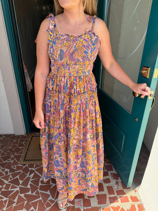 Smocked Bodice Tie Shoulder Strap Maxi Dress