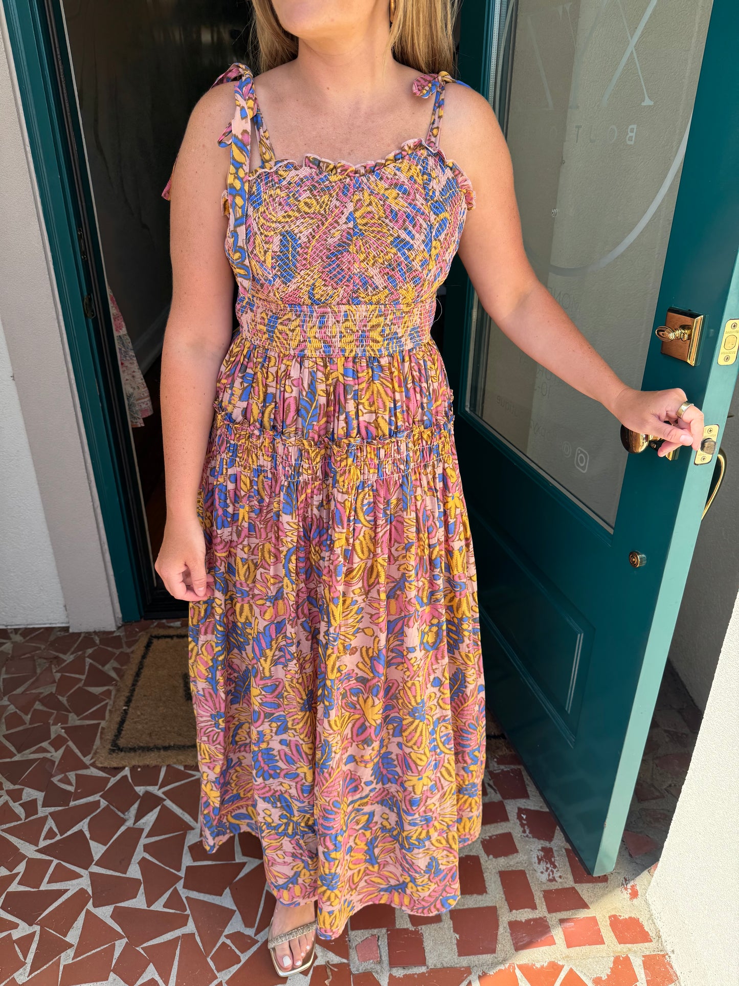 Smocked Bodice Tie Shoulder Strap Maxi Dress