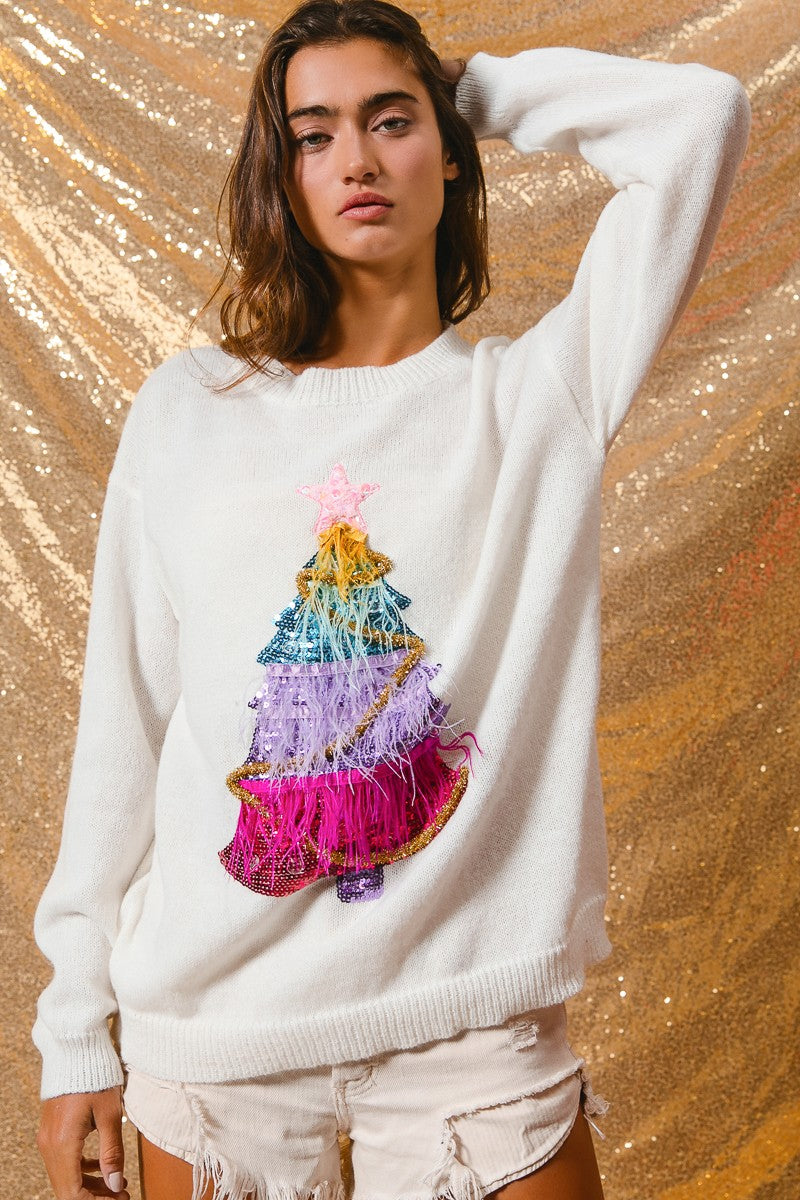 Christmas Tree Sequin/Feather Sweater