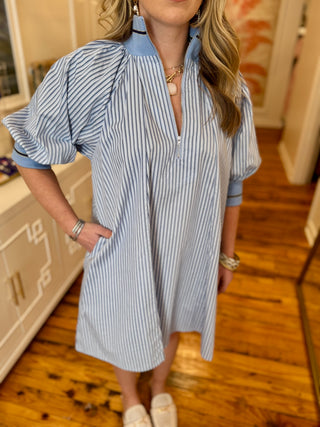 Mock Neck Band Puff Sleeve Dress