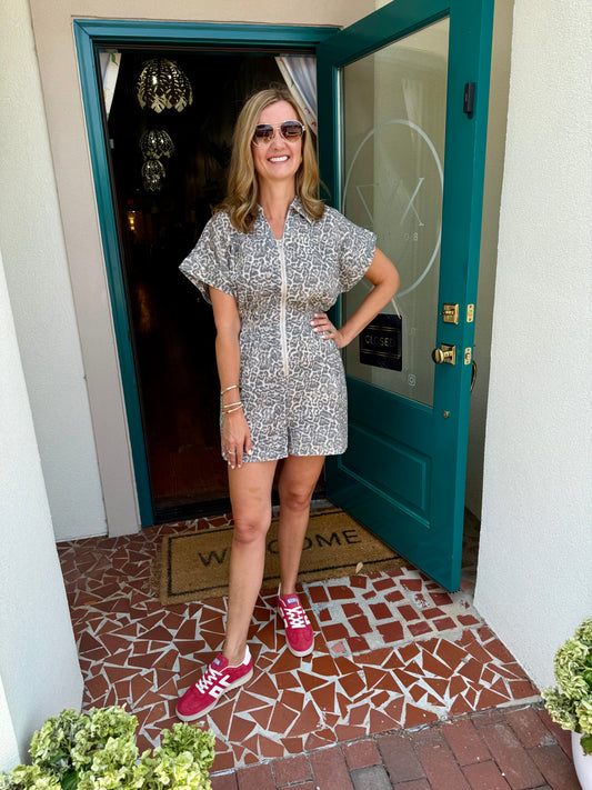 Front Zip Up Leopard Romper