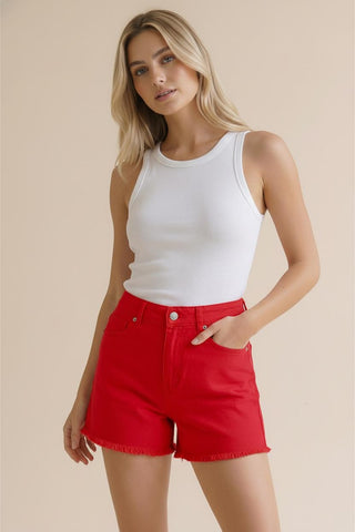 Red High Rise Denim Shorts