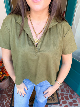 Faux Suede Stand Collar Short Sleeve Shirt