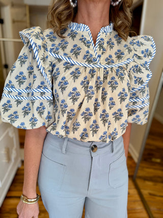 Puff Half Sleeve Woven Floral Contrast Piping Top