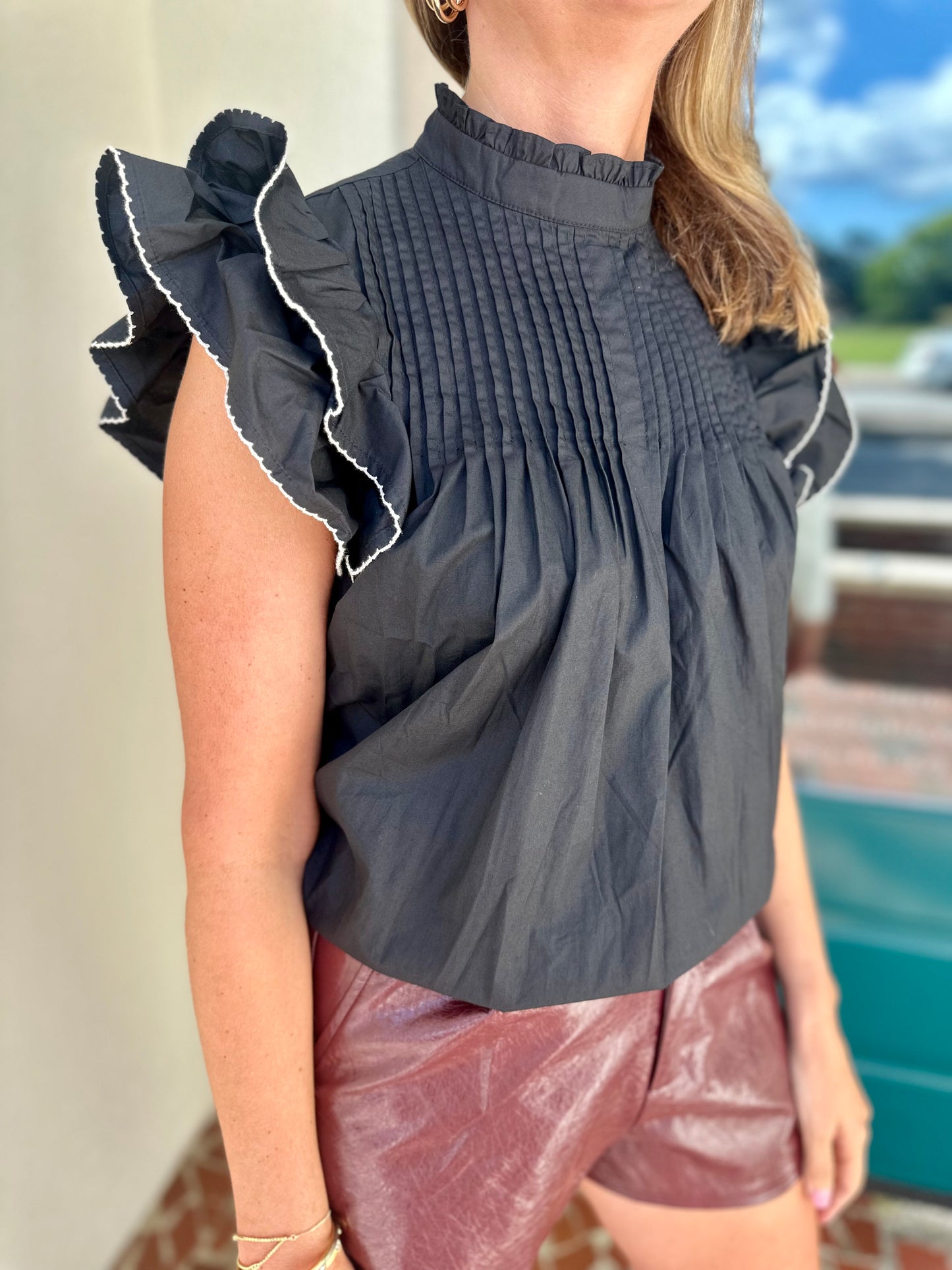 Black Pleated Ruffle Sleeve Top