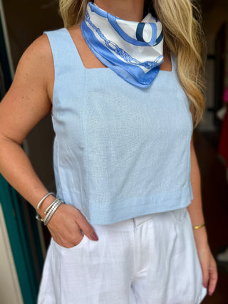 Blue Square Neck Linen Top