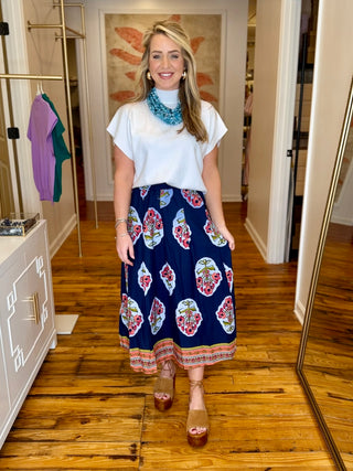 Navy Floral Midi Skirt