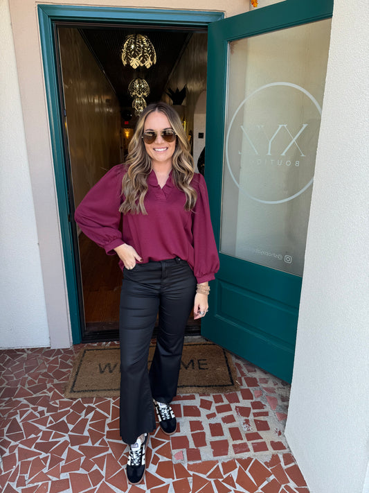 Burgundy Luxeknit Ruffle Neck Blouse with Puff Sleeves