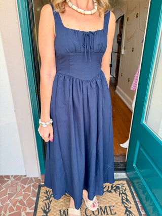 Square Neck Front Tie Corset Detail Midi Dress