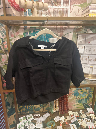 Black Collared V Neck Top
