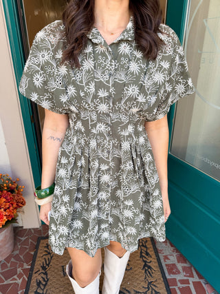 Sage Floral Cinched Waistline Dress