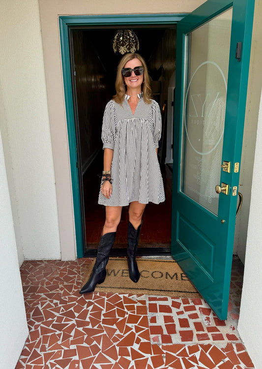 Black Striped Quarter Puff Sleeve Dress
