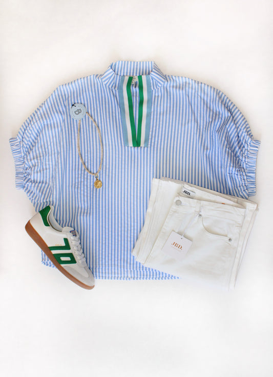 Striped High Neck Band Detail Top