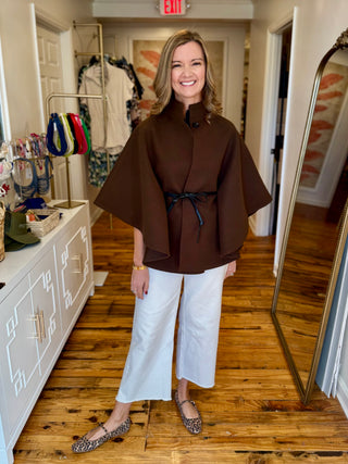 Funnel Neck Faux Leather Belt Cape