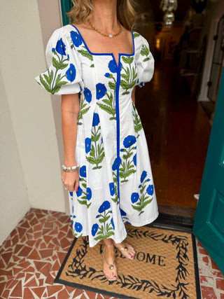 Puff Sleeve Waist Pleated Floral Midi Dress