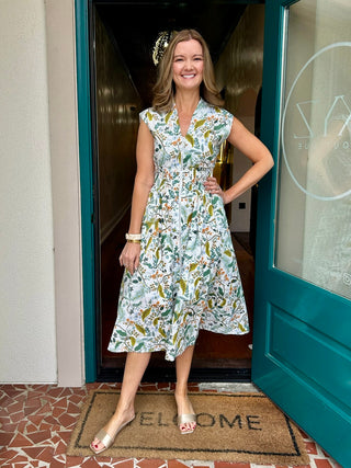 Cream Floral Drop Shoulder Smocked Waist Front Zip Dress