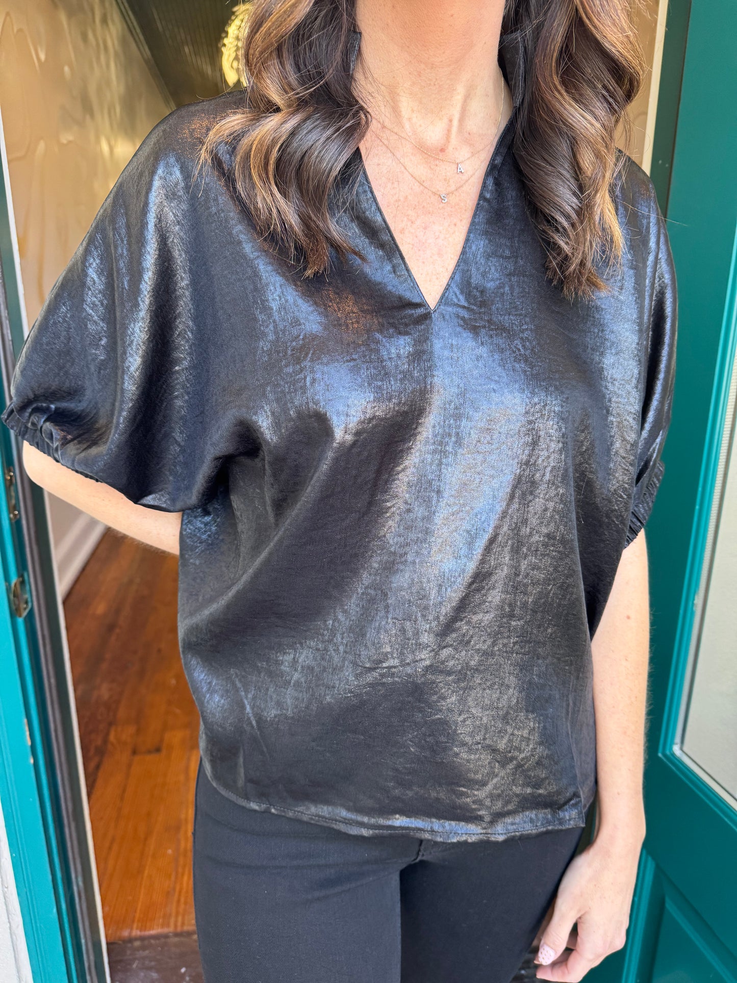 Metallic Oversized V-Neck Blouse
