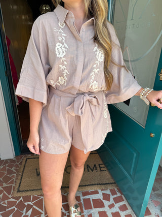 Embroidered Button Down Collared Romper