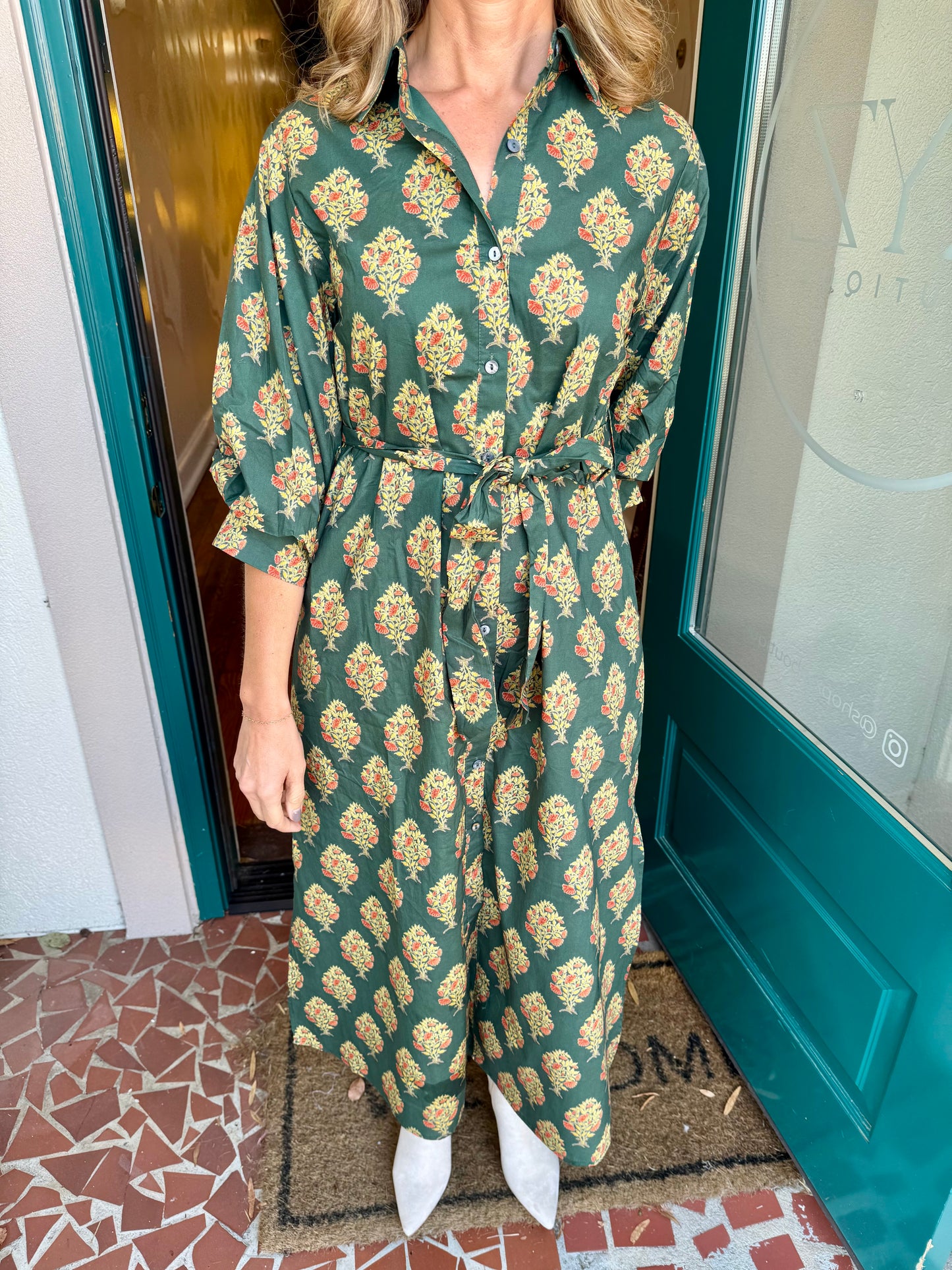 Pine Floral Print Maxi with Tie Waist