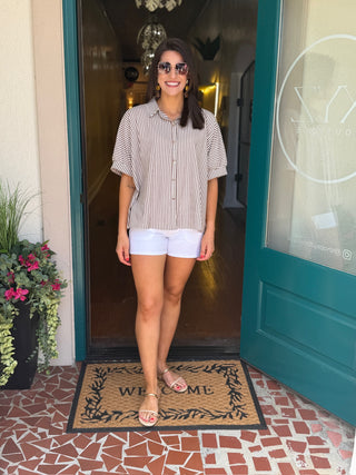Mocha Striped Button Front Top
