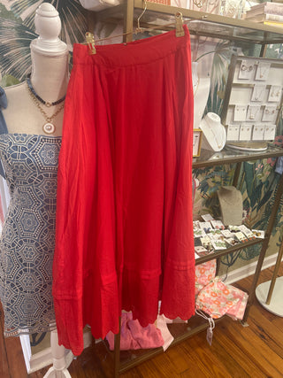 Red Eyelet Scalloped Edge Maxi Skirt