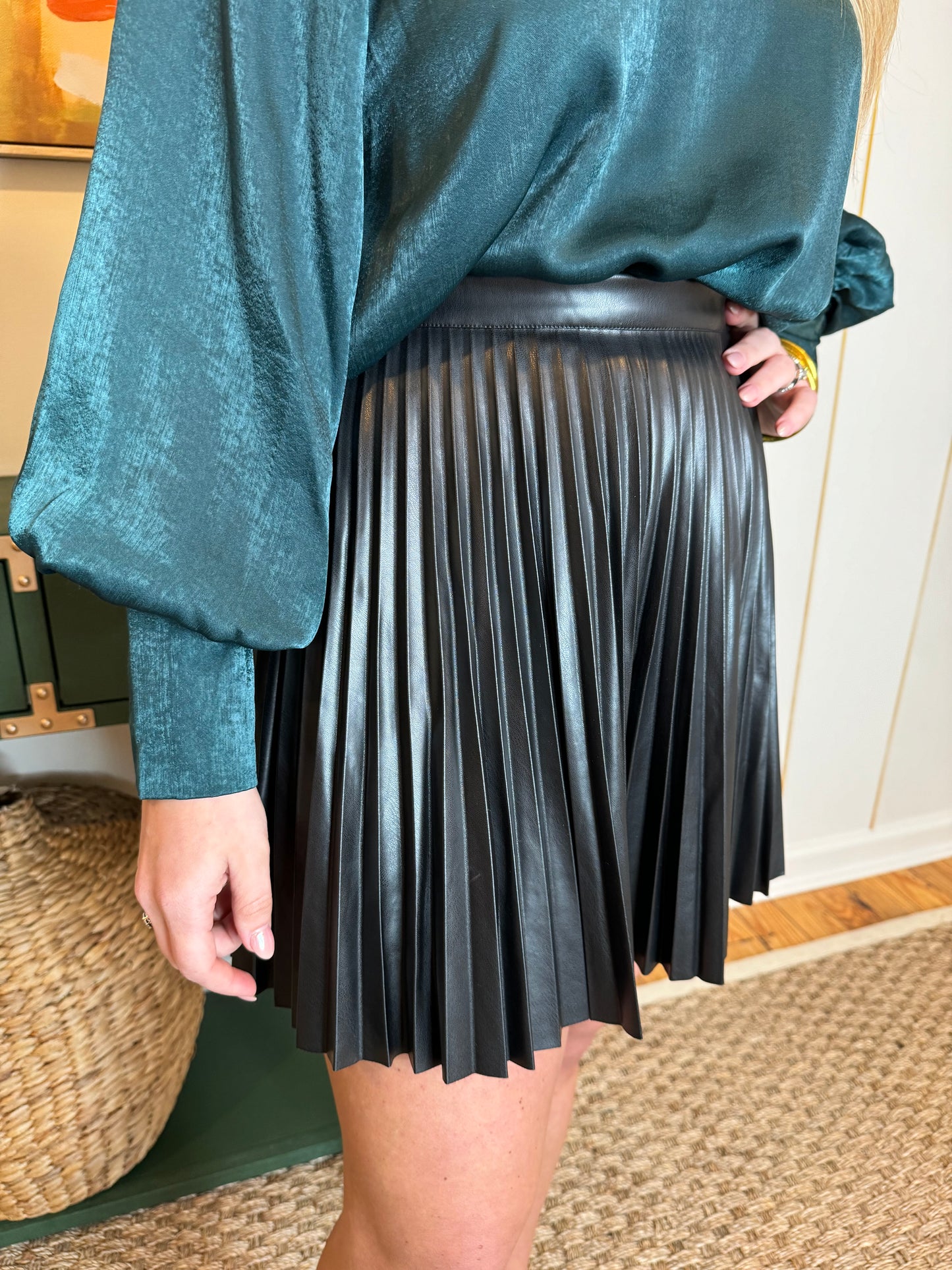 Black Pleated Faux Leather Skirt