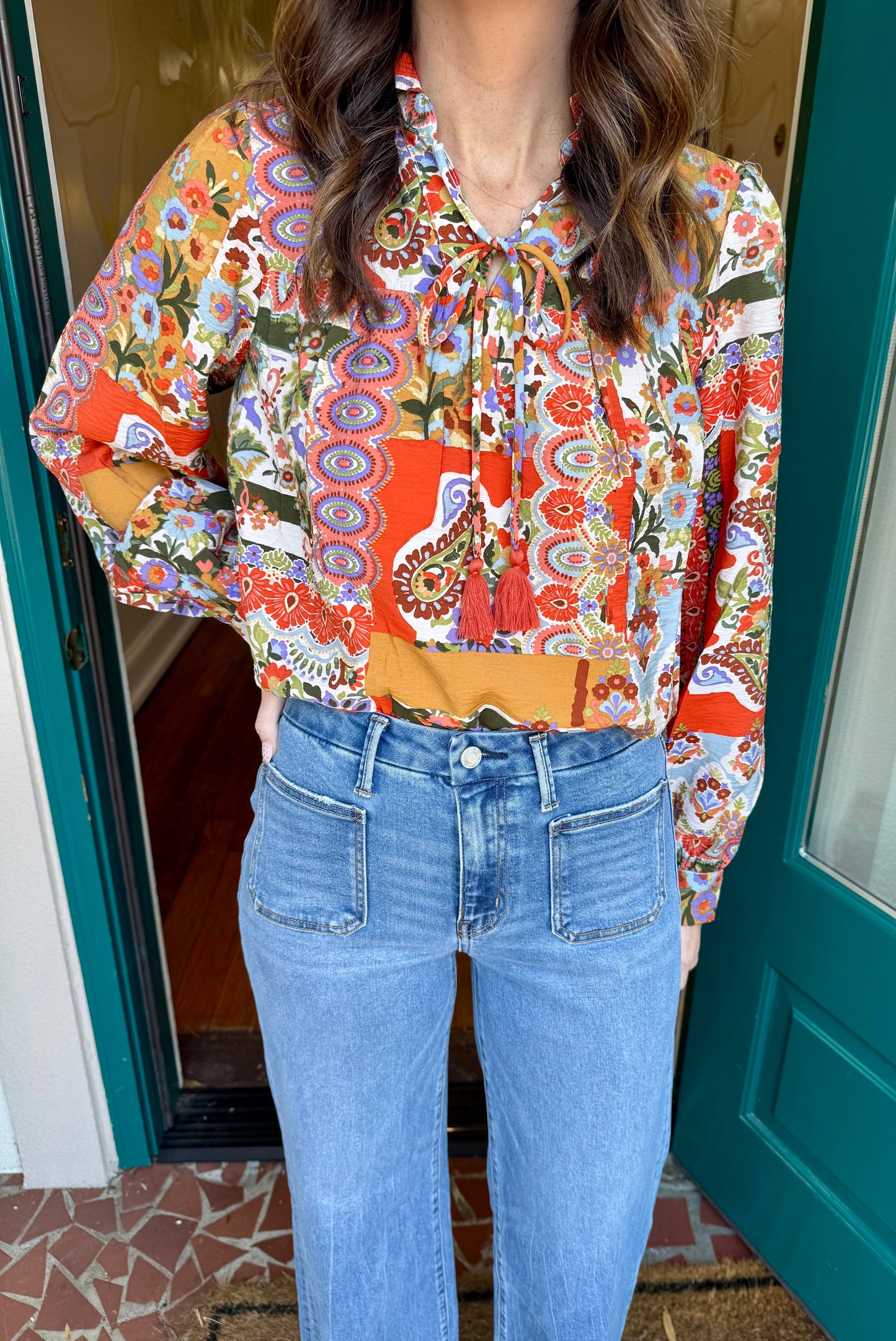 Orange Floral Tie Tassel Top