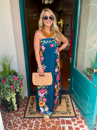 Botanical Border Print Strapless Maxi Dress