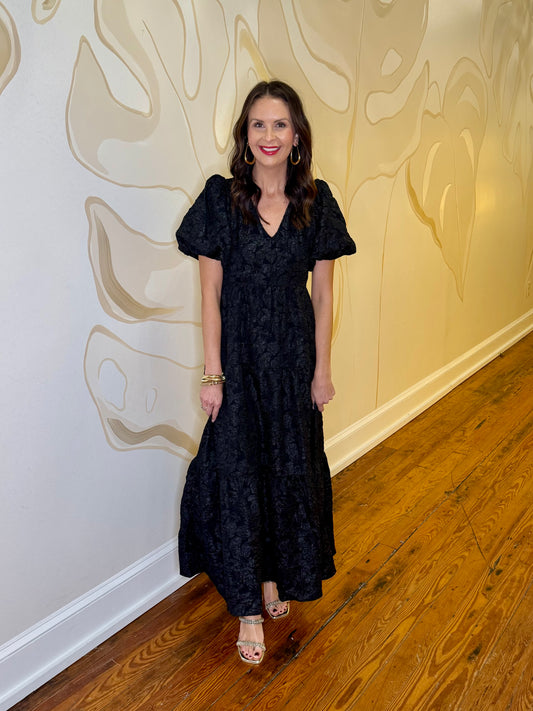 Black Arielle Jacquard Maxi Tiered Dress