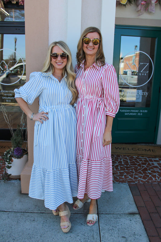 Seersucker Stripe Button Front Maxi Dress