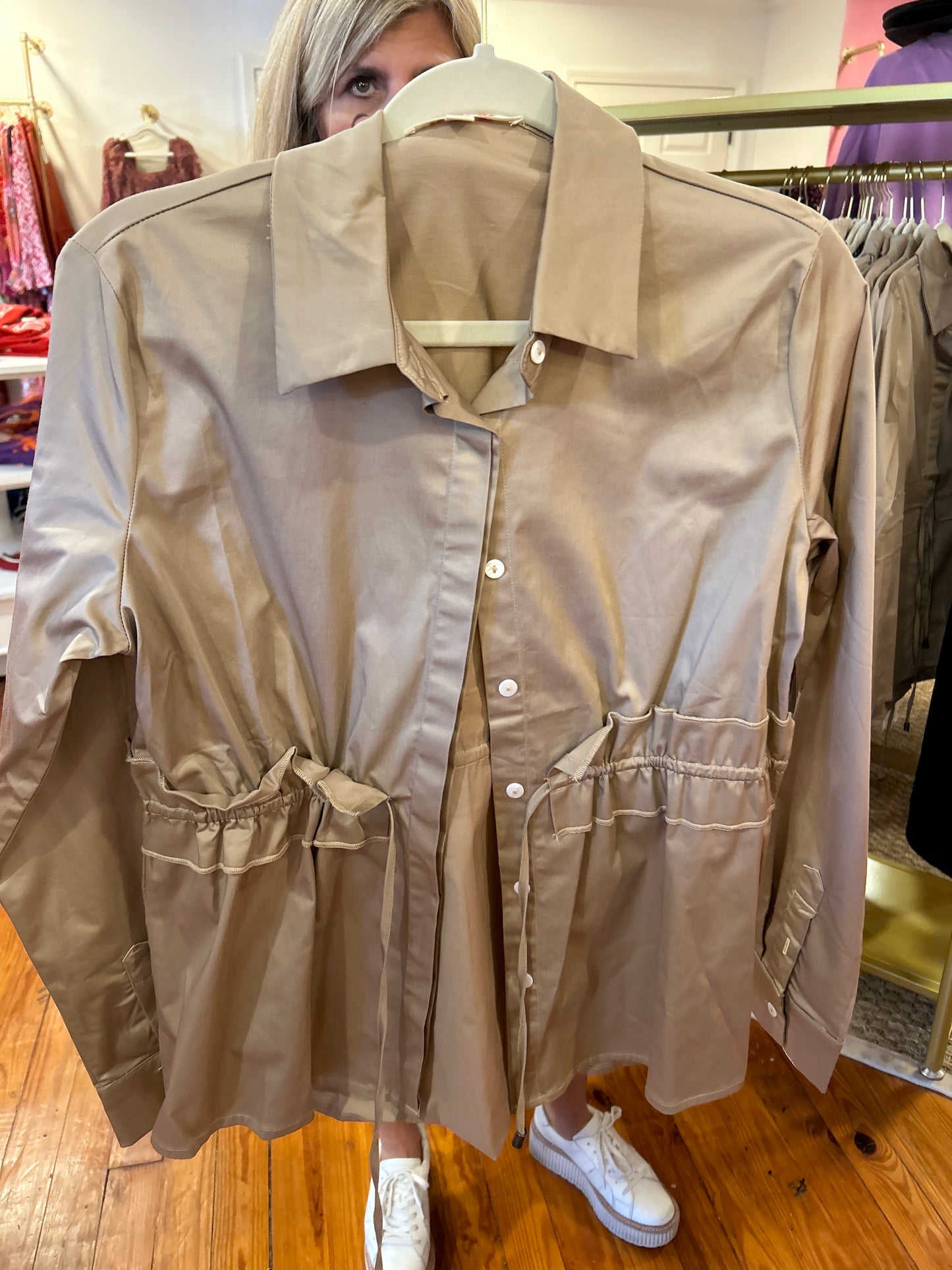 Taupe Cinch Waist Button Up Top