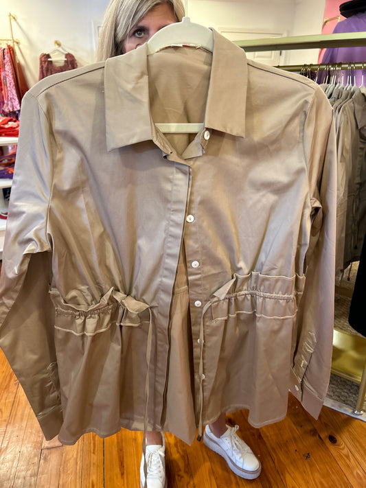 Taupe Cinch Waist Button Up Top