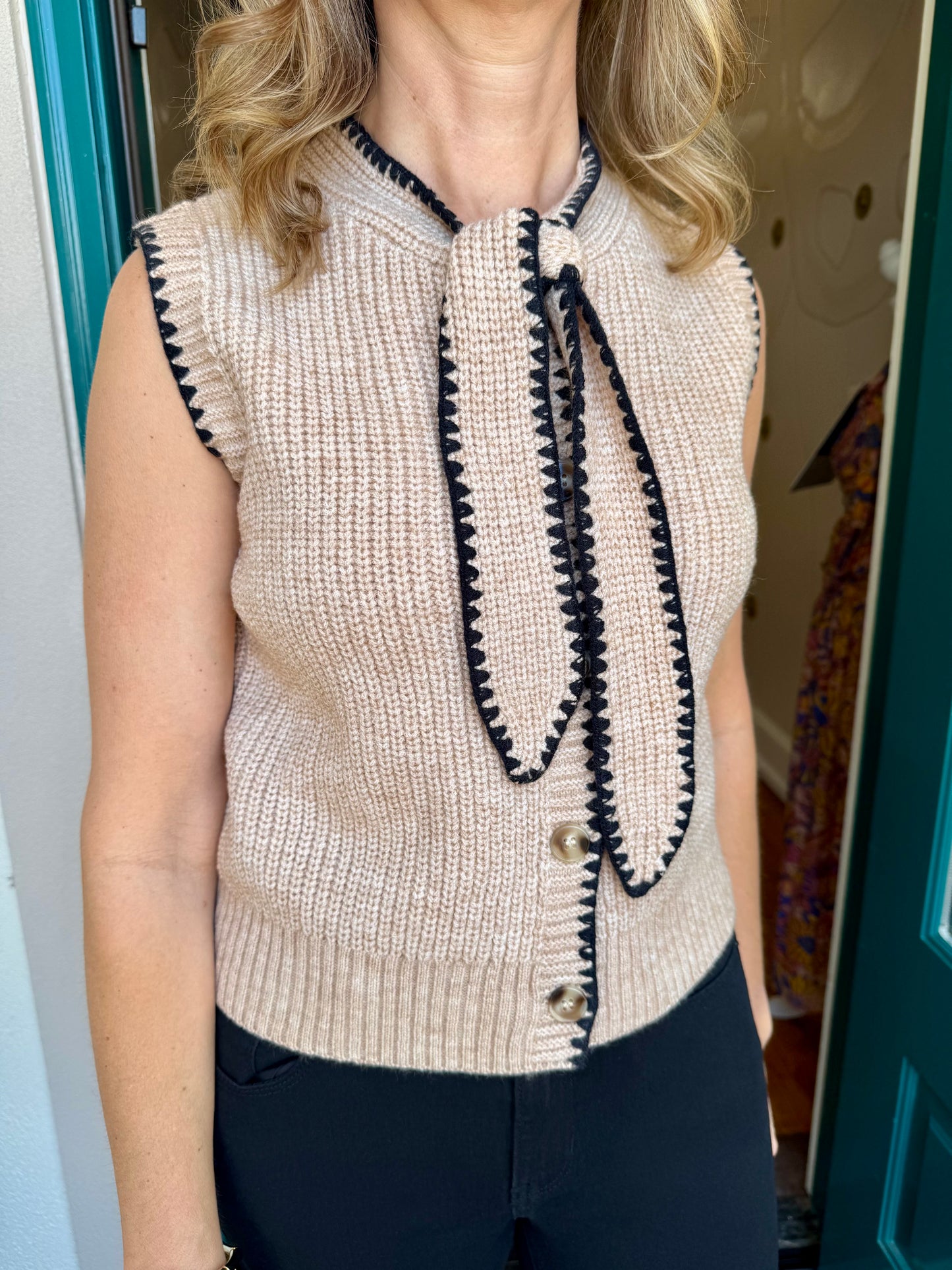 Sleeveless Button Down Knot Detail  Sweater