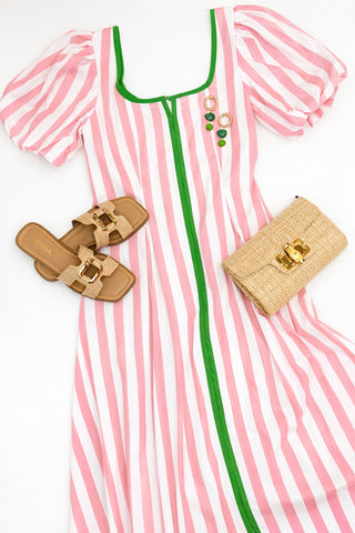 Striped Contrast Piping Detail Square Neck Dress