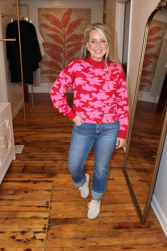 Pink Floral Mock Neck Knit Sweater