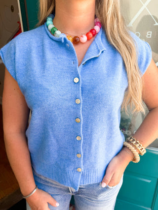 Rolled Edge Button Front Sleeveless Sweater-Saturday Steal