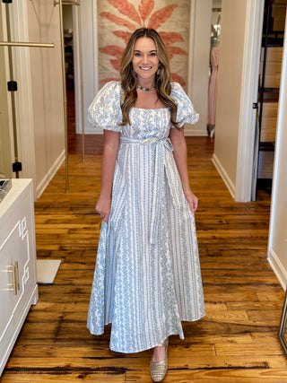 Blue Floral Print Puff Sleeve Midi Dress