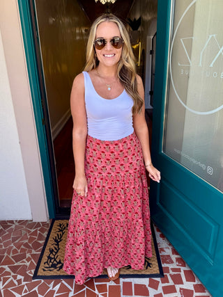 Block Printed Tiered Cotton Skirt-Coral