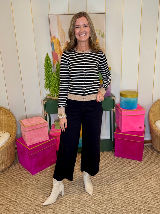 Stripe Colorblock Trim Button Down Knit Cardigan