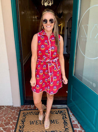 Floral Print Contrast Scalloped Trim Detail Dress