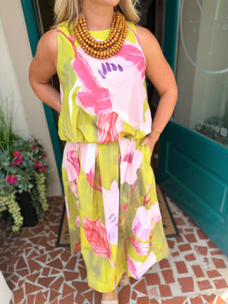 Pleated Flare Floral Midi Skirt