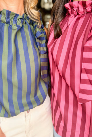 Ruffle Neck Tie Sleeveless Stripe Top