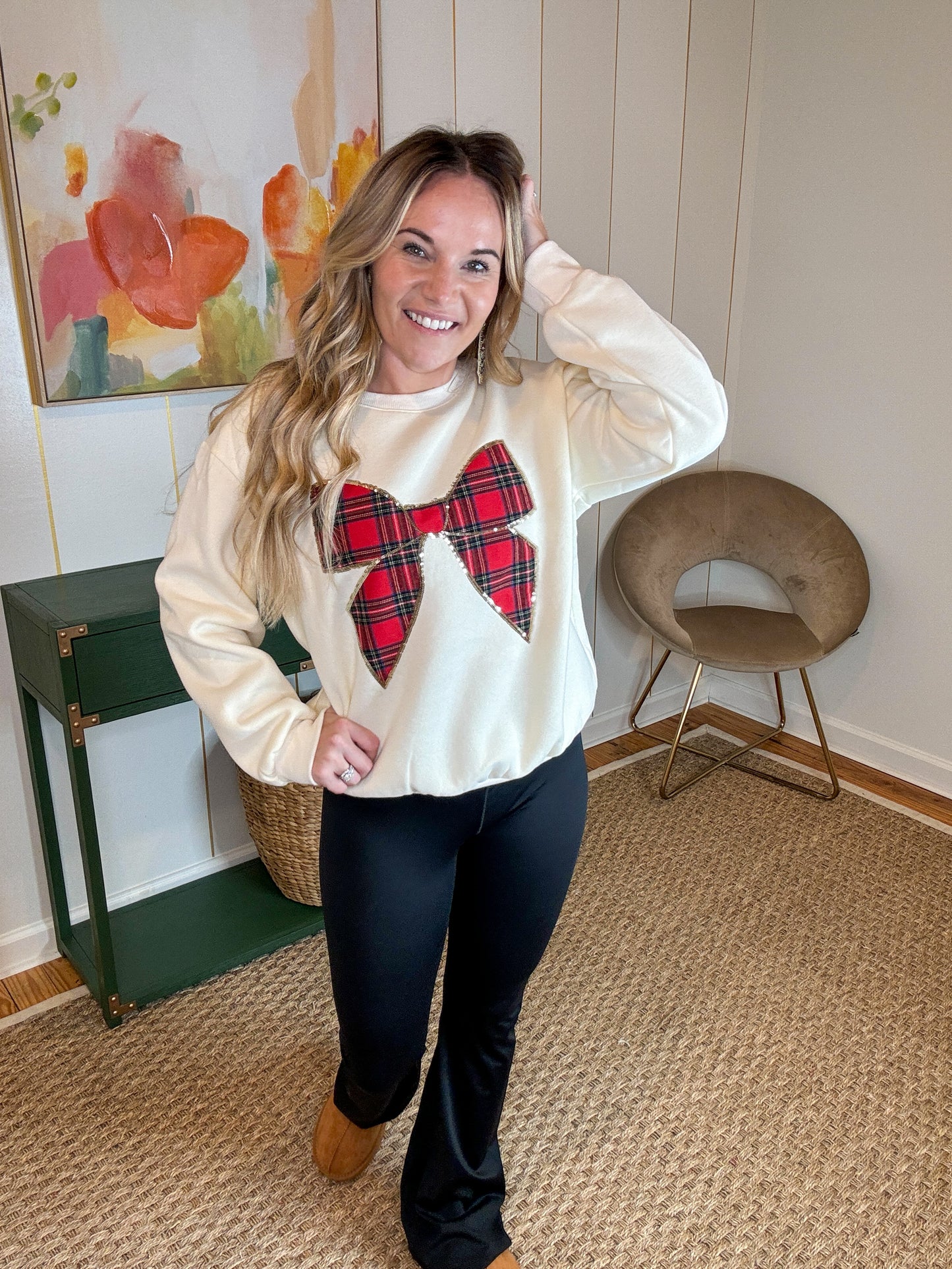 Plaid Bow Sequin Pullover