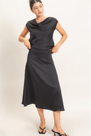 Satin Cowl Neck Top And Skirt Set