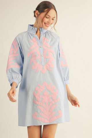Blue Baroque Floral Applique Shift Dress