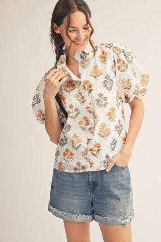 Ruffle Detail Floral Print Eyelet Top